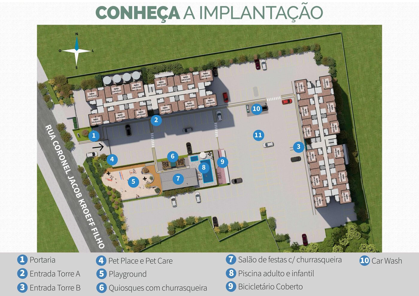 Implantação do Residencial Monte Cristo com a localização das áreas de lazer
