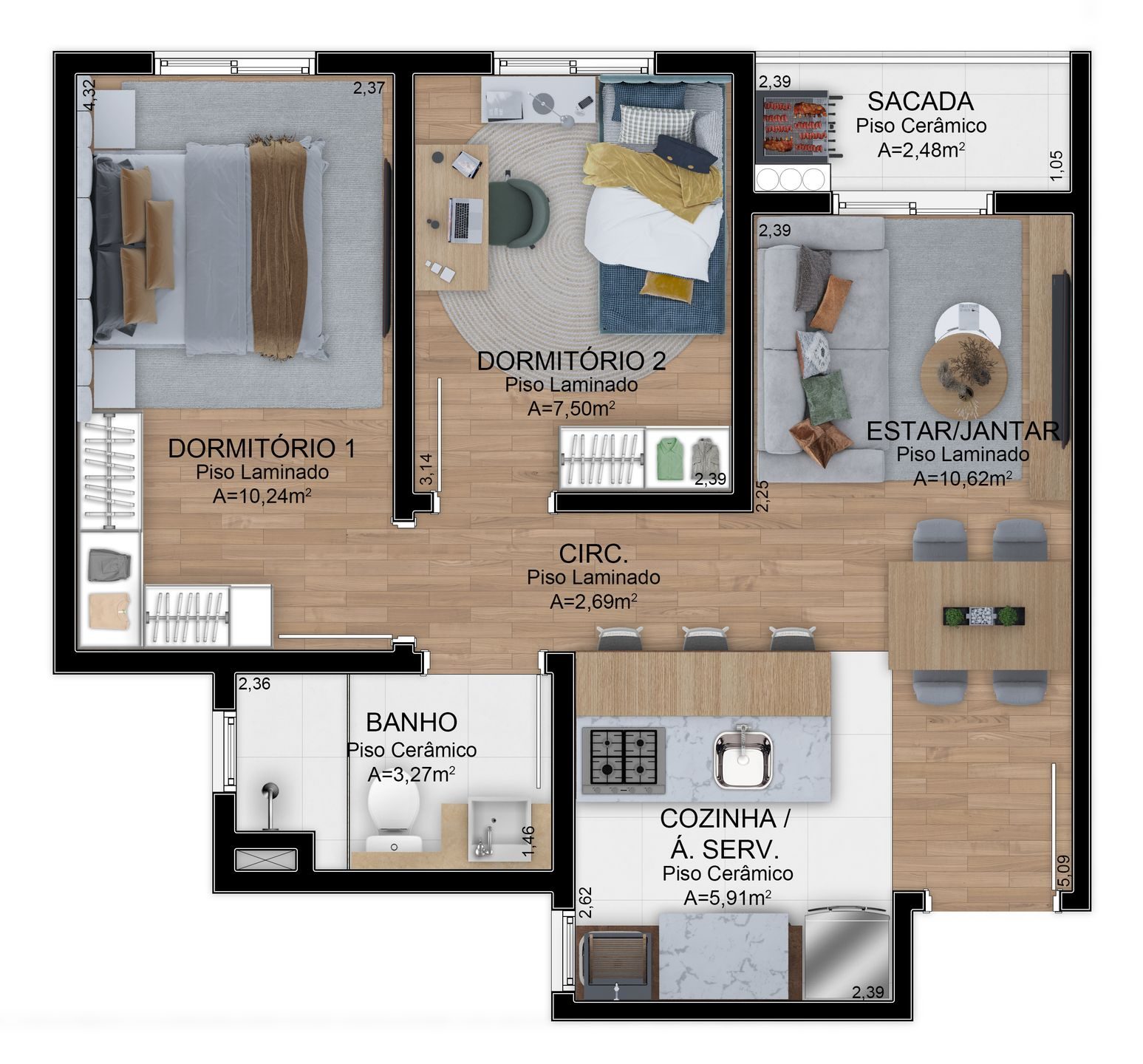 Planta do apartamento 2 dormitórios com sacada